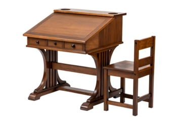 Elegantly designed vintage wooden school desk and matching chair set, featuring a classic slanted top and three functional drawers, perfect for study or display, isolated on white