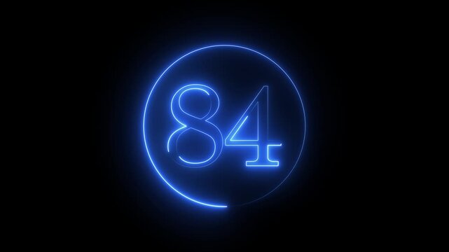 Eighty four number illuminated in blue neon light against black background, perfect for countdowns, birthdays, or special events, creating a vibrant and eye catching visual element for various designs