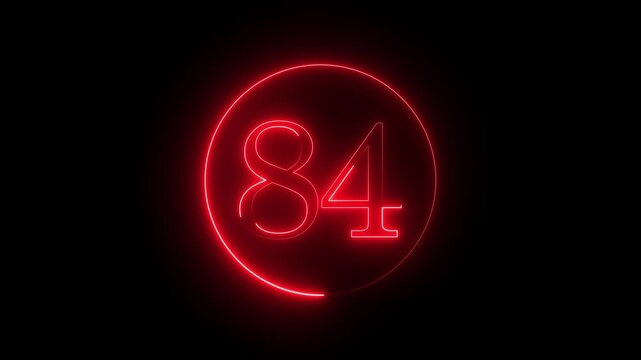 Illuminated eighty four number in red neon light on black background, perfect for countdowns, birthdays, or special events, creating a vibrant and eye catching visual element for various designs.