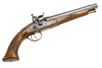 Antique Flintlock Pistol Ornate Vintage Handgun with Wooden Stock