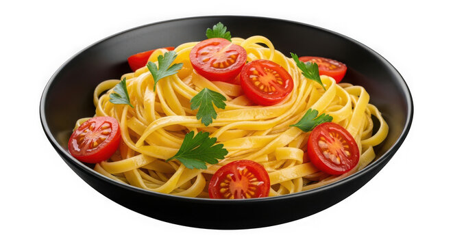 Delicious fettuccine pasta with cherry tomatoes and fresh parsley, isolated on a transparent background - Powered by Adobe