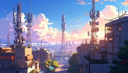 A vibrant cityscape panorama, featuring communication towers against a serene sunset sky, showcasing a detailed architectural scene.