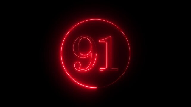 Bright red neon number 91 in a circle against a black background, ideal for countdowns, animations, and graphic design projects, conveying a sense of urgency and modernity.