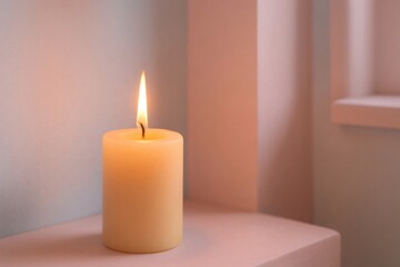 Single burning candle provides warm light in a modern pastel colored interior, creating a cozy and relaxing atmosphere