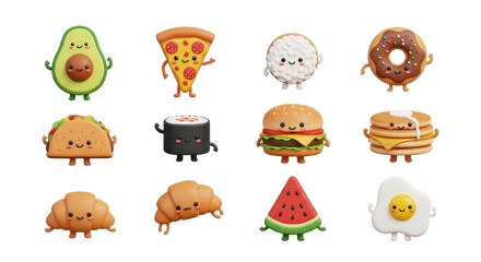 Set Cute food characters avocado pizza sushi donut isolated on transparent background
