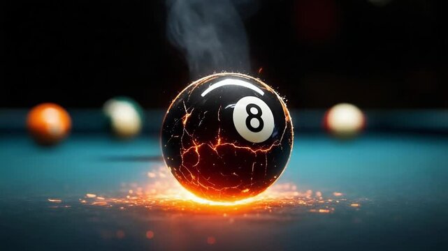 Fiery 8-Ball Cracks and Smokes with Explosive Impact on a Blue Billiard Table.