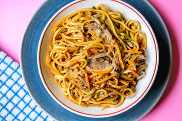 London UK, September 12 2025, Chinese Style Hoisin Duck Noodles Meal