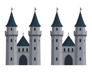 Obraz premium Two imposing stone towers form a majestic medieval castle, complete with dark gray roofs and pointed turrets.
