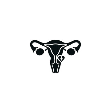 Stylized uterus icon with fallopian tubes on black background