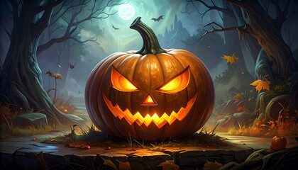 A glowing jack-o'-lantern sits on a stone path in a spooky autumn forest under a pale moon.
