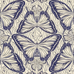 Elegant butterfly pattern with detailed wings and intricate line work illustration, patern seamless, Stock royalty free.
