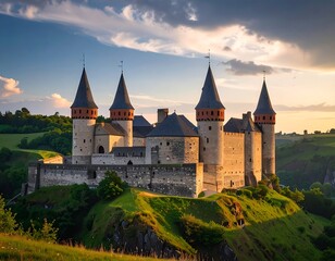 Fototapeta premium A magnificent medieval castle, perched atop a verdant hill, bathed in the golden hues of a serene sunset.