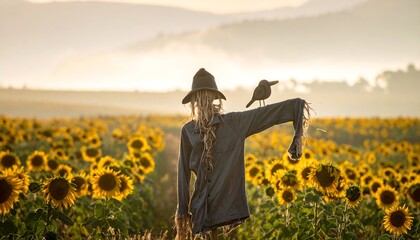 Fototapeta premium Scarecrow in a Sunflower Field with a Bird.