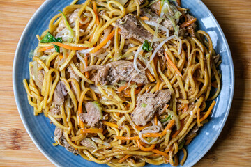 London UK, September 12 2025, Chinese Style Hoisin Duck Noodles Meal