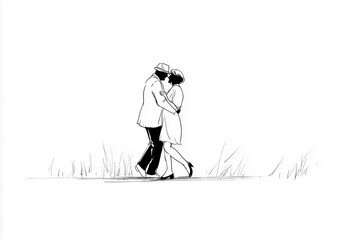 A couple shares a graceful embrace and kiss as they walk, captured in a minimalist ink sketch against a serene, open background.