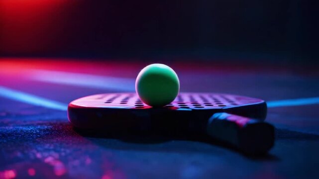 Neon Tennis - Ball on Racket, Dynamic Lighting, Sports Equipment Close-Up.