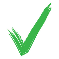 Green brush stroke doodle check mark symbol, hand-drawn grunge tick sign isolated on transparent background