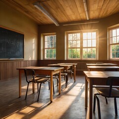 Cozy empty classroom with sunlight through windows, wooden desks, chalkboard, warm light, no people, back to school theme,Generative Ai

