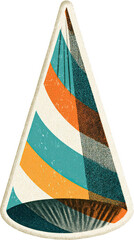 Stylized retro sticker illustration of a striped party hat for events