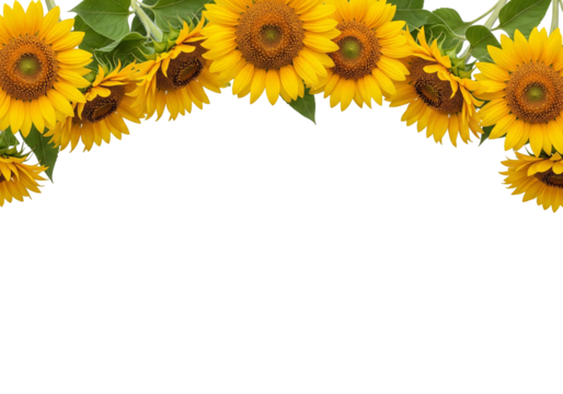 Sunflower Arch Border with Green Leaves on White Background for Seasonal and Floral Design