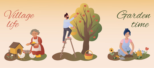 The illustration shows three scenes of rural life: an elderly woman feeding chickens, a man picking apples from a tree, a woman planting flowers. Illustrations on the theme of eco-friendly rural life.