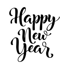 Happy New Year lettering, elegant calligraphy, festive typography design, black ink on white background, vector illustration, decorative script font, minimal style, holiday greeting card template, mod
