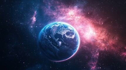 A vibrant view of Earth amidst a cosmic background, showcasing the beauty of space with swirling galaxies and shimmering stars.