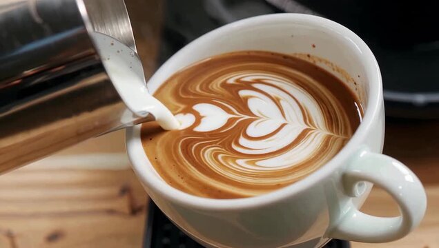 Close-up of a professional barista skillfully pouring steamed milk to create a beautiful heart rosetta latte art design