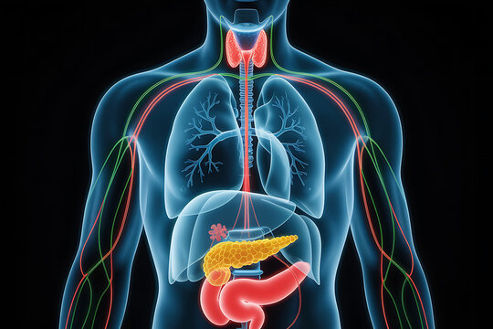 Semi transparent human figure showing digestive system with pancreas liver and lungs highlighting inner anatomy for medical education healthcare and research visualization