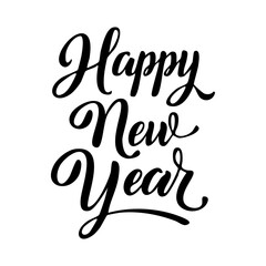 Happy New Year lettering, elegant calligraphy, festive typography design, black ink on white background, vector illustration, decorative script font, minimal style, holiday greeting card template, mod