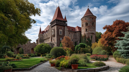 A stunning medieval castle surrounded by vibrant gardens, showcasing beautiful autumn foliage under a clear blue sky.