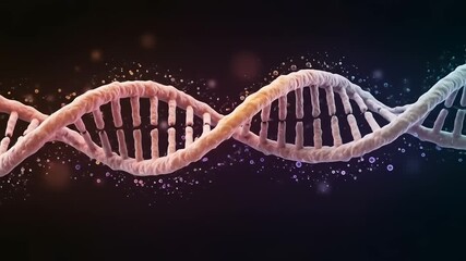 Colorful DNA double helix structure with glowing particles on a dark background, representing science - Powered by Adobe