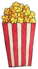 Hand-drawn doodle sticker illustration of popcorn in a striped bucket