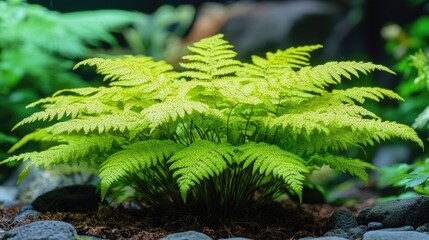 Vibrant fern plant in a terrarium, lush green background