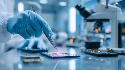 Semiconductor manufacturing in cleanroom. Precision microchip manipulation with tweezers. Microscope in blurred background. Blue and white tones.