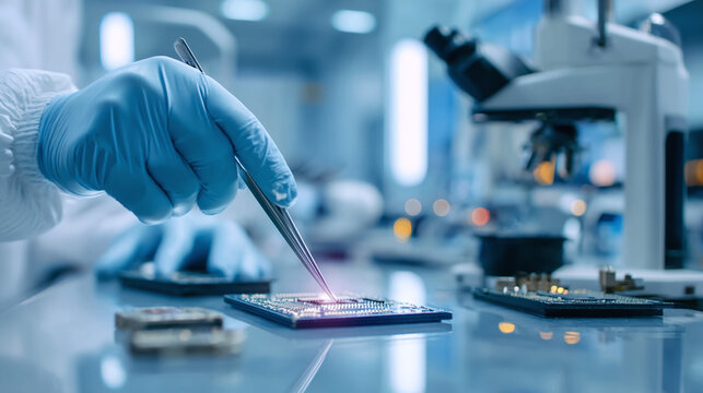 Semiconductor manufacturing in cleanroom. Precision microchip manipulation with tweezers. Microscope in blurred background. Blue and white tones.