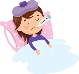 Cartoon sick person in bed, fever illustration, ice pack, thermometer, resting with blanket, illness recovery, healthcare concept