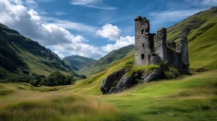 A majestic ruin stands proud among lush green hills under a bright blue sky, showcasing nature's beauty and historical architecture.