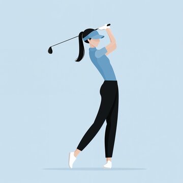 Female golfer swinging golf club in flat style on blue background