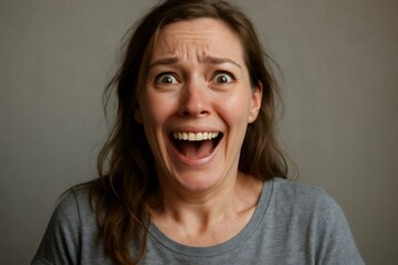 Surprised woman screaming with laughter, showcasing an authentic expression of joy and excitement against a simple grey background