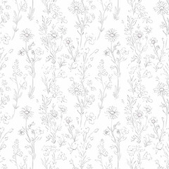 Delicate floral pattern with daisies and wildflowers in a hand-drawn style seamless, seamless pattern, Stock royalty free image.