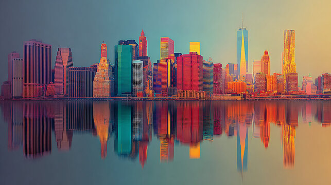 Colorful skyline reflected in water creates an awesome perspective. Skyscrapers and city lights bring the urban life into this scenic panorama.