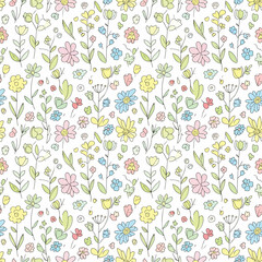 Delicate floral pattern featuring pastel flowers and foliage on white background, patern seamless, royalty stock.