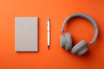 Gray notebook white pen gray headphones image