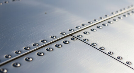 A high-detail, abstract shot of a metallic aircraft surface, showing the repeating pattern of rivets and panel lines. The image has a clean, technical aesthetic, emphasizing the texture