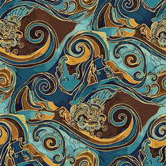 Decorative seamless pattern with swirling waves and ornate elements in blue and brown, seamless pattern, royalty free stock.