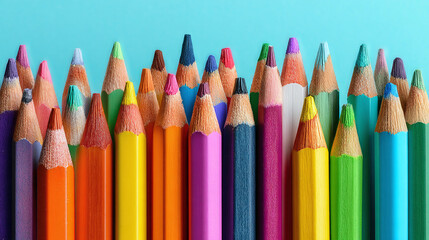 Vibrant Colored Pencils on Blue: A rainbow array of sharpened pencils on a calming background. Perfect for creative projects and visual inspiration.