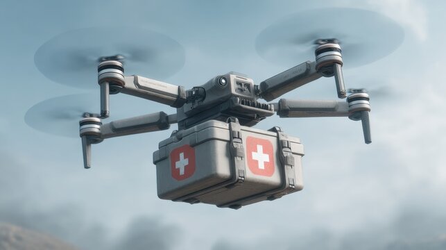 Drone Carrying Medical Supply Box with Red Cross Symbol over Dramatic Sky Background for Emergency Response and Healthcare Solutions