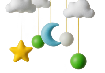 Cute baby mobile with star moon and clouds isolated on transparent background