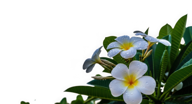 White plumeria flowers with yellow centers and green leaves, isolated on transparent background